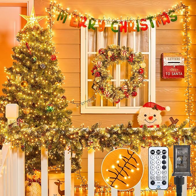 Minetom 100Ft 2000 LED Cluster Christmas Tree Lights Outdoor Firecrackers String, 12 Modes Timer ... | Amazon (US)