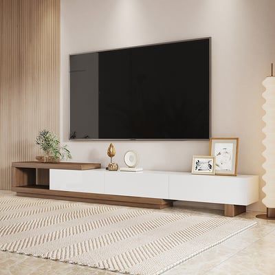 Quoint 100.4" Modern TV Stand Retracted & Extendable 3-Drawer Media Console Walnut | Homary