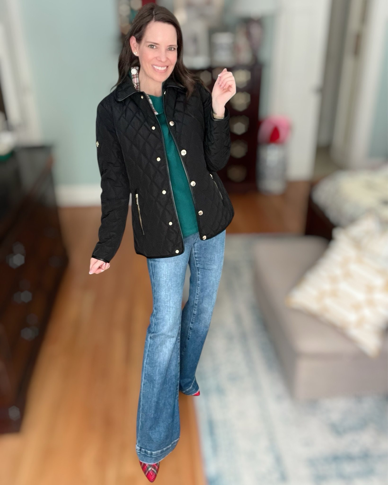 Forever in my preppy winter era and this outfit is SO easy to throw together but looks instantly put-together ❄️🖤 The quilted jacket is that perfect classic style you’ll wear for years — lightweight but warm, gold buttons, and just a touch of equestrian vibes 🐎✨

I layered it over a jewel-button mockneck in the prettiest evergreen shade 🎄💚 — it feels festive without being too holiday. And then of course… the plaid shoes. Because if I can match my footwear to the season, I will 😆❤️💃

Paired with flared denim for that leg-lengthening moment we love. This is school pickup, holiday market, tree farm, brunch, gift shopping — all of it ✅ Cozy, classic, and still fun.

⸻

preppy winter outfit, holiday outfit inspo, quilted barn jacket outfit, classic Christmas outfit ideas, green mockneck sweater outfit, flared denim winter style, plaid heels outfit holiday, polished casual outfit ideas, everyday winter looks, timeless wardrobe staples, J.Crew factory style, affordable holiday outfit ideas, chic mom style, holiday errands outfit 🎄🖤💚✨
Thanksgiving outfit 

#LTKFindsUnder50 #LTKHoliday #LTKFindsUnder100
