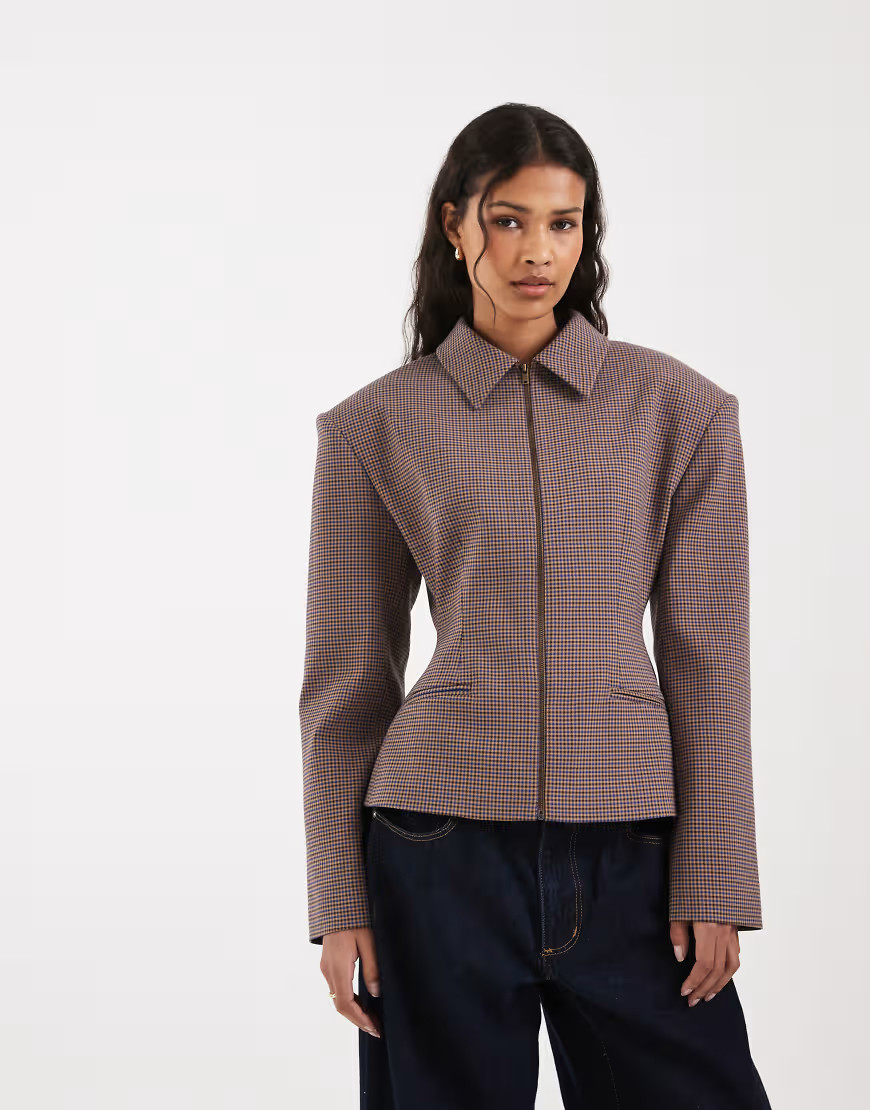 ASOS DESIGN zip up cinch tailored jacket in micro check-Multi | ASOS (Global)