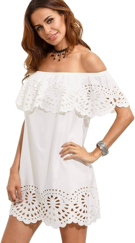 Floerns Women's Off Shoulder Ruffle Loose Tunic Shift Dress | Amazon (US)