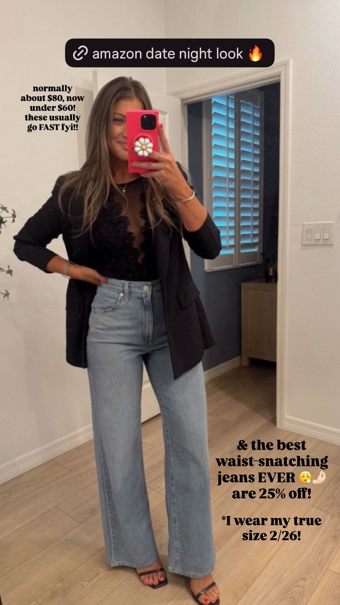 & the best waist-snatching jeans EVER 😮‍💨🤌🏻 are 25% off! normally about $80, now under $60! these usually go FAST fyi!! *I wear my true size 2/26! Date night outfit. XS bodysuit. S blazer. Amazon staples. Amazon favorites 