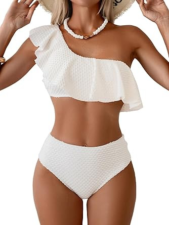 Aidonger Women's High Waisted Bikini Sets One Shoulder Ruffle Two Piece Swimsuit Tummy Control Ba... | Amazon (US)