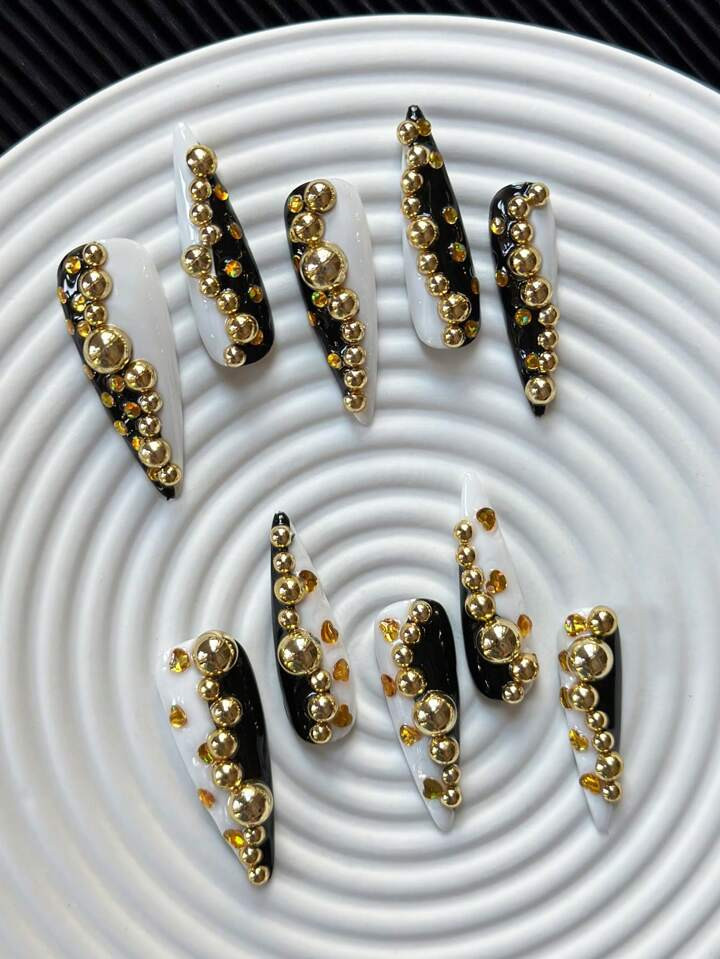 33mm High Heel Handmade Nail Art Tips With Love Rhinestone & Round Pearl Decor, Black & White Bas... | SHEIN