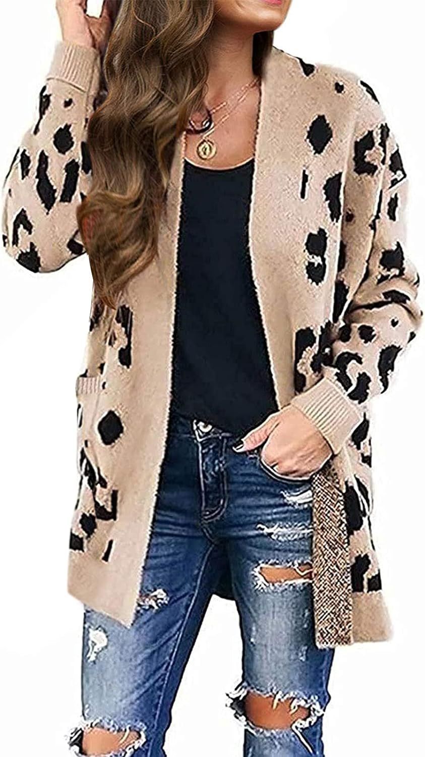 MEROKEETY Women's Open Front Leopard Knit Cardigan Sweaters Long Sleeve Outwear | Amazon (US)