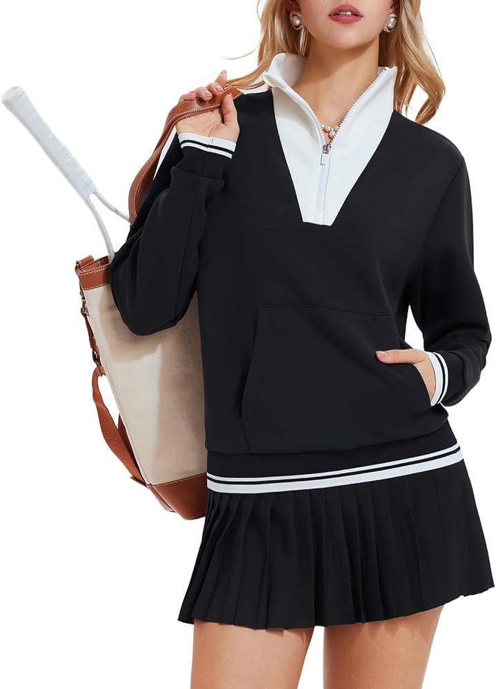 Airfree Womens 2 Piece Set Lapel Half Zip Sweatshirts High Waisted Pleated Tennis Skirt Sets Casu... | Amazon (US)