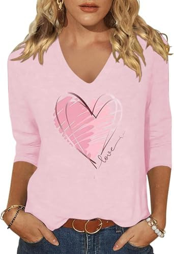 Vircreate Womens 3/4 Sleeve V Neck T-Shirts Valentina's Day Spring Shirts Love Heart Graphic Tee ... | Amazon (US)