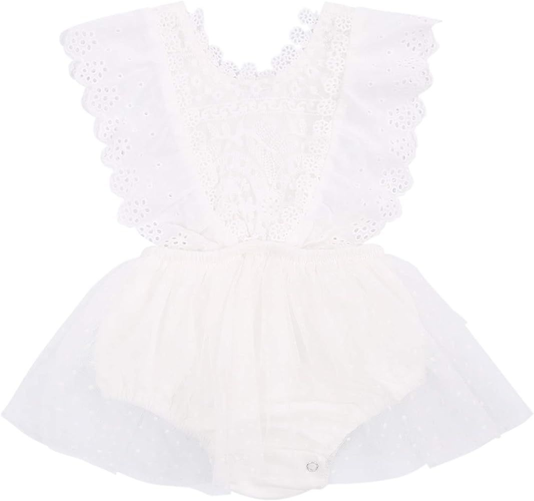Newborn Infant Baby Girls Butterfly Sleeve Romper Clothes Ruffle Lace Bodysuit Tutu Dress Jumpsuit P | Amazon (US)