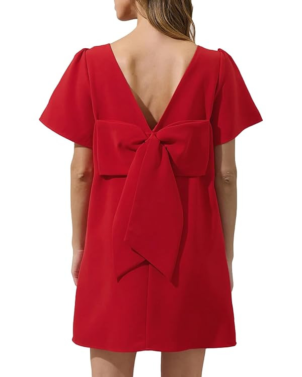 Kedera Women's Casual Mini Bow Crew Neck Short Sleeves Loose Dresses Swing Solid Shift Dress with... | Amazon (US)