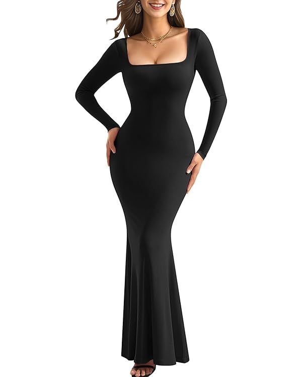 OMKAGI Square Neck Long Sleeve Dresses Women Ribbed Bodycon Dress Maxi Long Dress | Amazon (US)