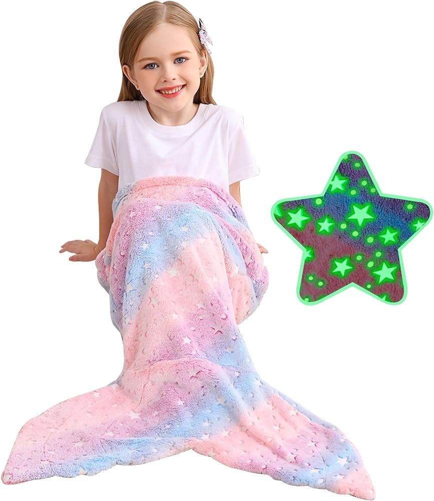 Viviland Kids Mermaid Tail Blanket - Mermaid Tail Blankets Glow in The Dark - Flannel Mermaid Bla... | Amazon (US)