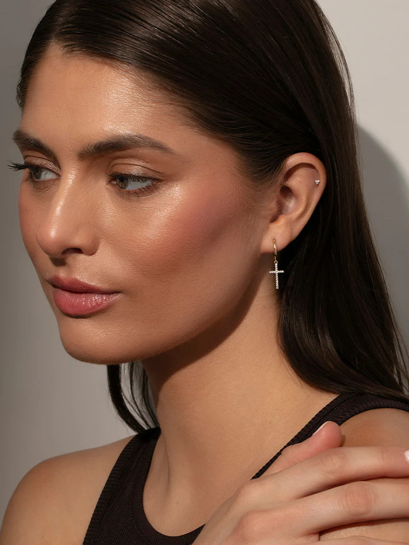 Pavé Cross Huggie Earrings | Uncommon James