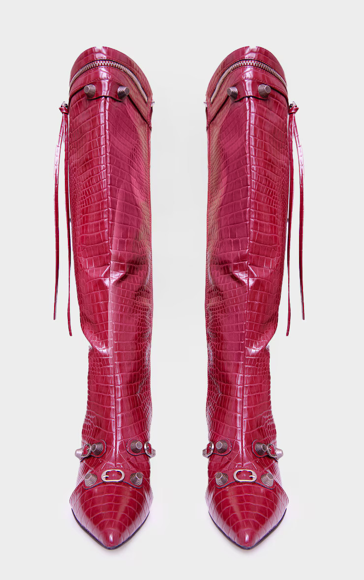 Burgundy Croc Pu Zip Detail Point Toe High Heeled Knee Boots | PrettyLittleThing US