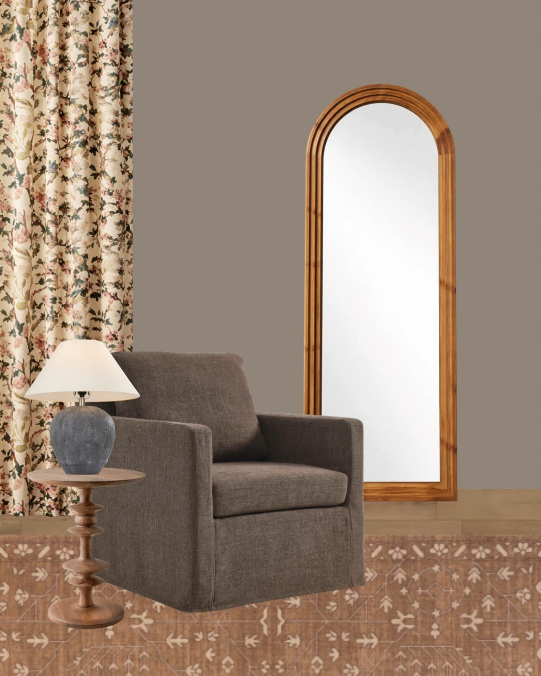 Heritage cottage reading corner with layered warmth and quiet intention.
This reading nook is built around softness and scale. A low, cushioned armchair invites lingering, grounded by a warm neutral upholstery that pairs easily with vintage inspired rugs and floral drapery. The arched wood mirror adds height and light, echoing classic cottage architecture while keeping the space feeling open and calm. A small pedestal table and ceramic lamp complete the corner with gentle contrast and practical ease.

 Spaces like this are perfect if you're searching for your own heritage cottage reading corner, cozy reading nook ideas, cottage style armchair, arched wood mirror decor, and traditional living room accents. Designed as a place to slow down, turn a page, and let the room feel quietly lived in rather than styled for show. 

 #LTKHome