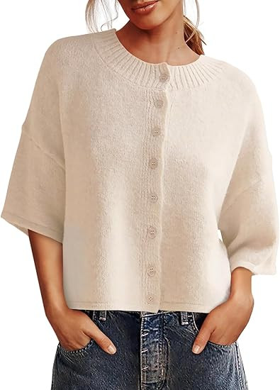 Saodimallsu Womens 3/4 Sleeve Cardigan Sweater Button Down Cropped Crewneck Cardigan 2025 Fall Ca... | Amazon (US)