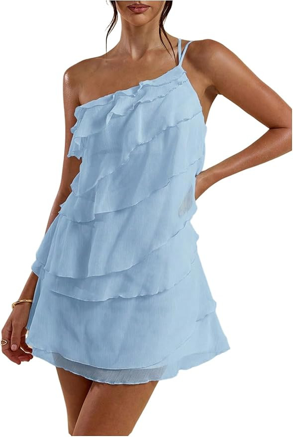 SOLY HUX Women's Mini Dress One Shoulder Ruffle Mesh Dresses Layered Backless Vacation Party Sund... | Amazon (US)