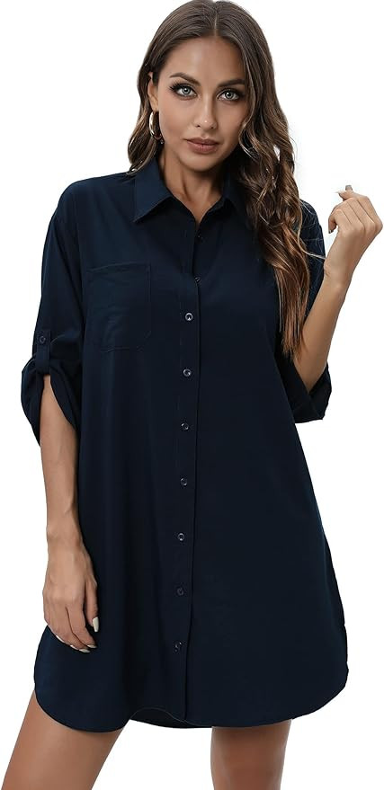 Women's Casual Half Sleeve Button Down Shirt Dress Plus Size V Neck Tunic Blouses Tops with Pocke... | Amazon (US)