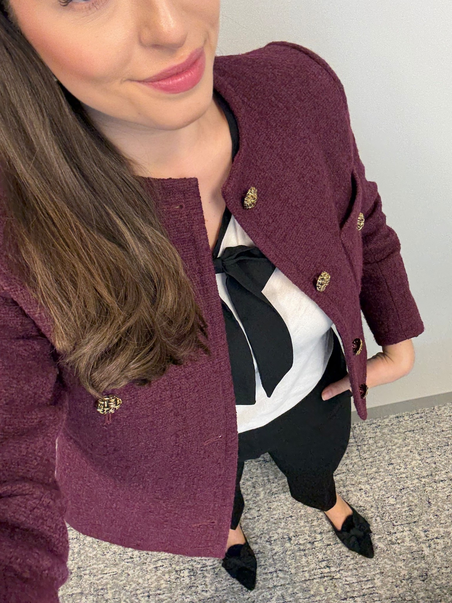 Office style, office outfit, business casual, workwear, lawyer, attorney, law firm style, corporate style, corporate fashion, burgundy blazer, tweed blazer, burgundy tweed blazer, white bow top, white bow shirt, work pants, high waisted work pants, black mules, black flats, courtroom attire, bash, bash jacket

#LTKTall #LTKWorkwear #LTKSeasonal