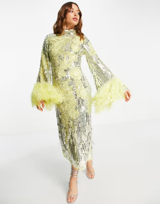 ASOS EDITION floral sequin and bead midi dress with faux feather cuff in lemon | ASOS | ASOS (Global)