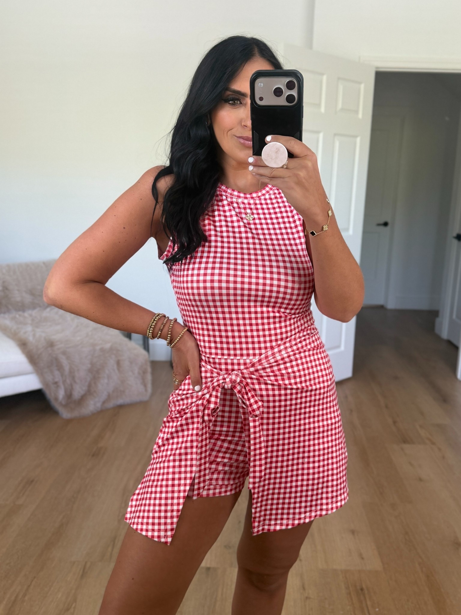 Summer red gingham wrap tie romper skort dress from Amazon wearing size medium. Perfect for Disney 