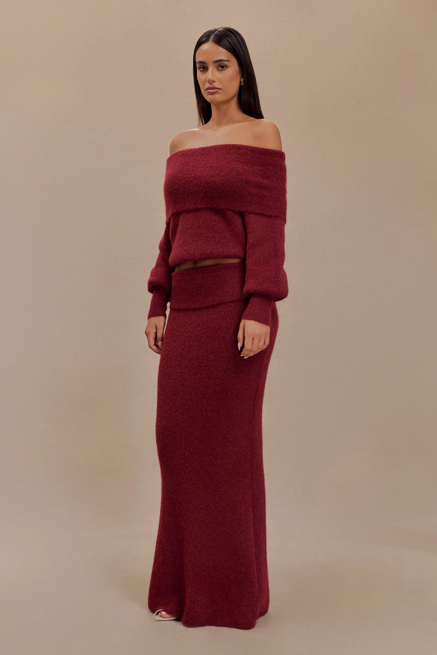 Knit Maxi Skirt With Overlay - Merlot | MESHKI US