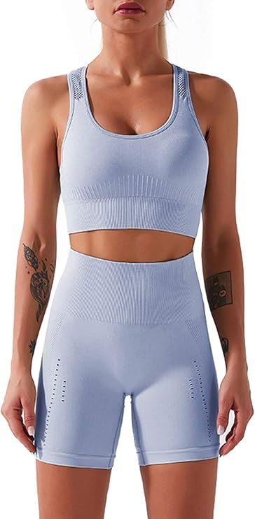 Mulisky Women’s Workout 2 Piece Outfits High Waist Yoga Sports Shorts Tracksuits Sets | Amazon (US)