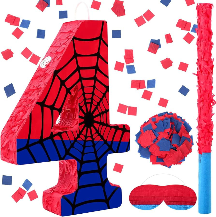 Number 4 Spider Web Piñata Bundle with Blindfold Small Piñata for Kids Birthday Party Decoratio... | Amazon (US)