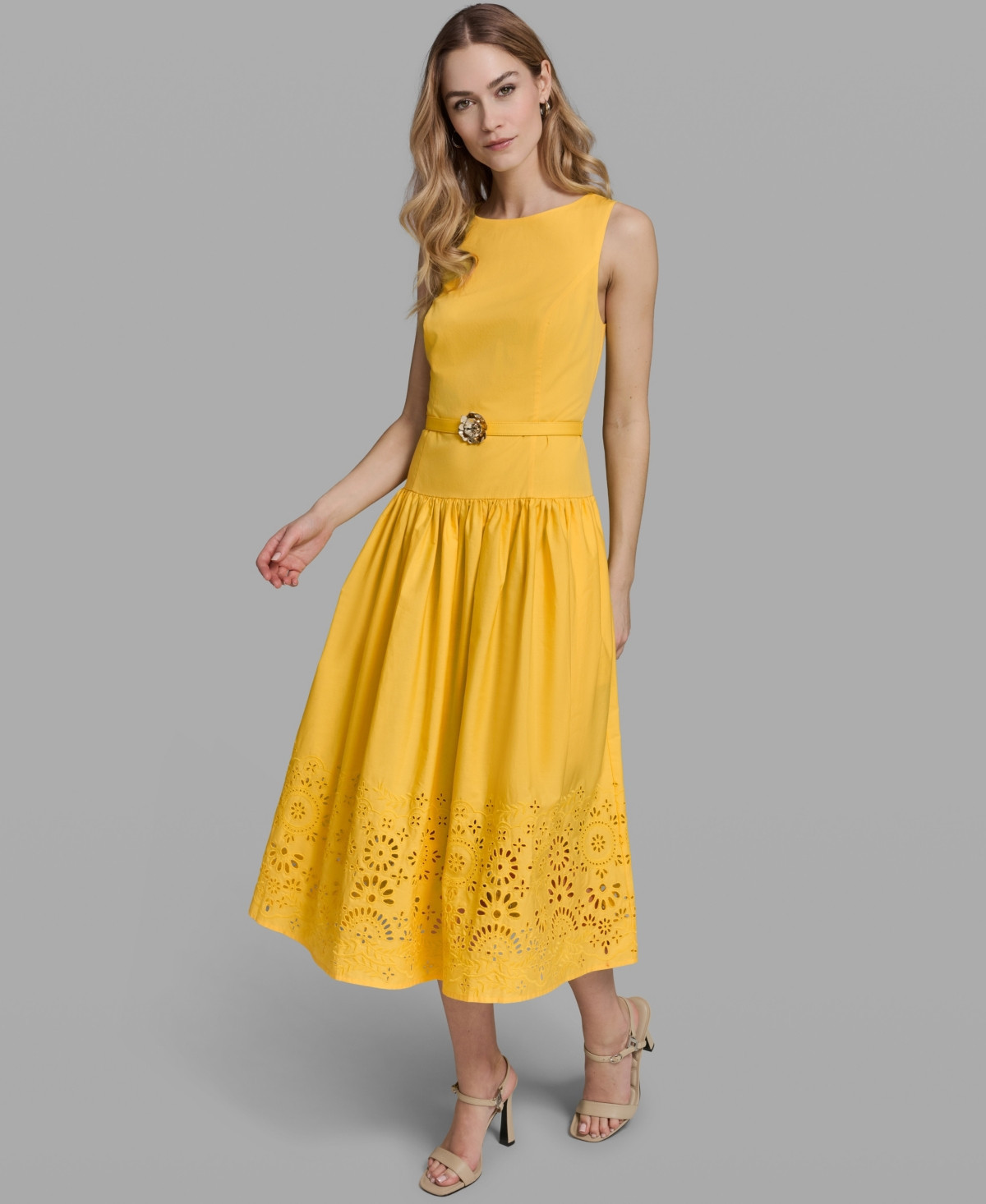 Karl Lagerfeld Paris Women's Embroidered Drop Waist Midi Dress - Canary Yellow | Macy's