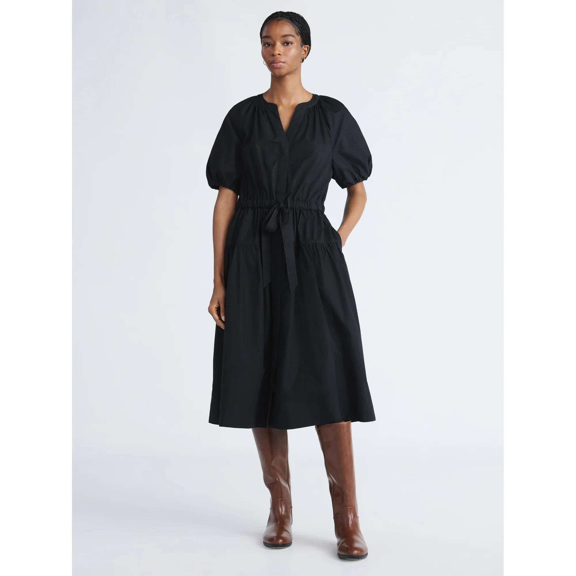 Free Assembly Women's and Women's Plus Cotton Midi Dress with Puff Sleeves, Sizes XS-4X | Walmart (US)