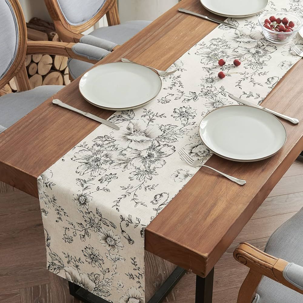 JINCHAN Linen Table Runner Floral Print Kitchen Table Runner 72 Inches Long Peonies Botanical Decora | Amazon (US)