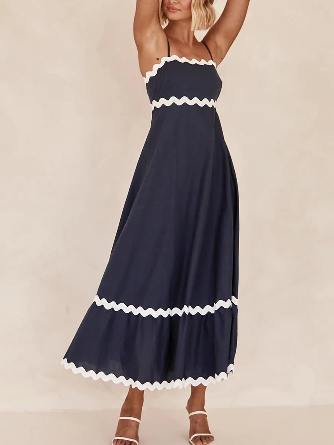 WOWULOVELY Women's Summer Dresses 2024 Spaghetti Straps Sleeveless Rickrack Sundress Flowy Loose ... | Amazon (US)