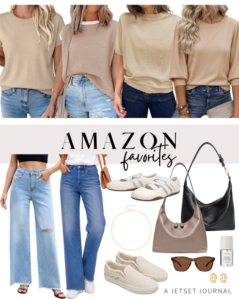 Look at this collection of Amazon Favorites this week! Everyone loves sweater tops like this Cicy Bell ¾-sleeve sweater and Saodimallsu crew-neck sweater top. This simple top from Totatuit is cute, too! You can pair these stylish tops with Allimy wide-leg jeans or Jyutia straight-leg jeans, then step into Vans or Tigeridea sneakers that you can also find in this collection. 

 #LTKSeasonal #LTKSaleAlert #LTKTravel