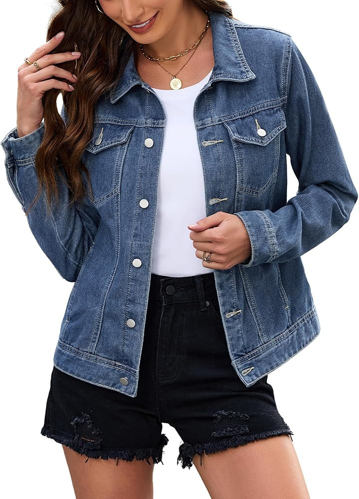 Women's Denim Jacket Fitted Button Down Long Sleeve Distressed Jean Trucker Jacket with Pockets | Amazon (US)