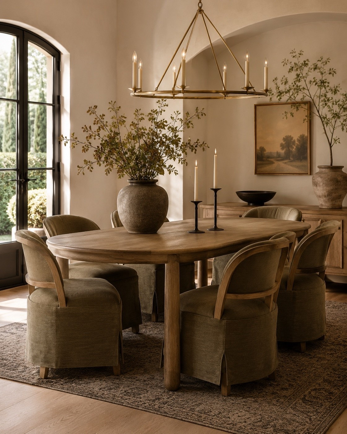 I’m obsessed with these dining chairs and this dining table! The rounded edges paired with this gorgeous wood tone. I love the back detail on these chairs and the warm olive upholstery.

#LTKHome