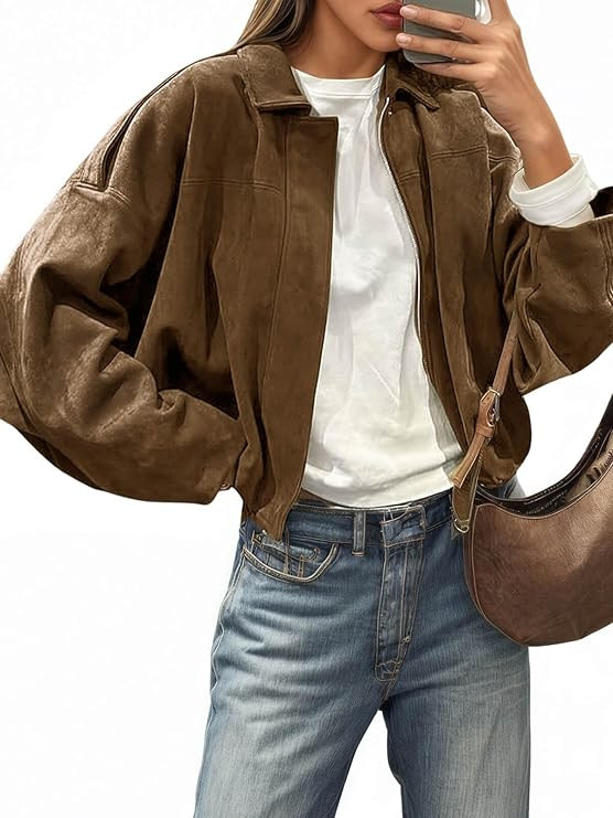 Cicy Bell Womens Faux Suede Bomber Jackets Oversized Cropped Zip Up Lapel Coats Fall Casual Outer... | Amazon (US)