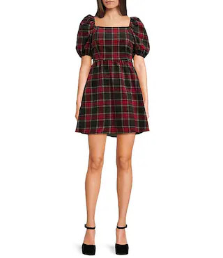 Copper Key Velvet Plaid Puff Sleeve Dress | Dillard's | Dillard's