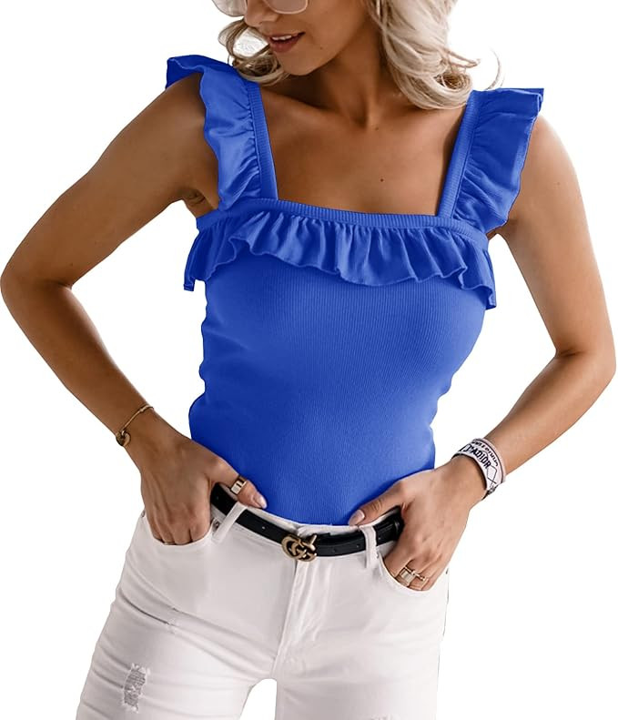 Womens Cute Sleeveless Tank Tops Ruffle Strap Square Neck Blouse Solid Color Knitted Camisole | Amazon (US)