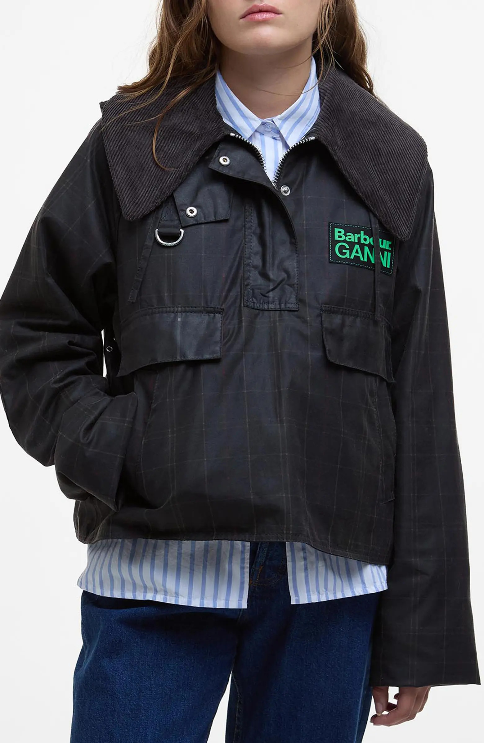 x Ganni Tartan Waxed Anorak with Removable Hood | Nordstrom