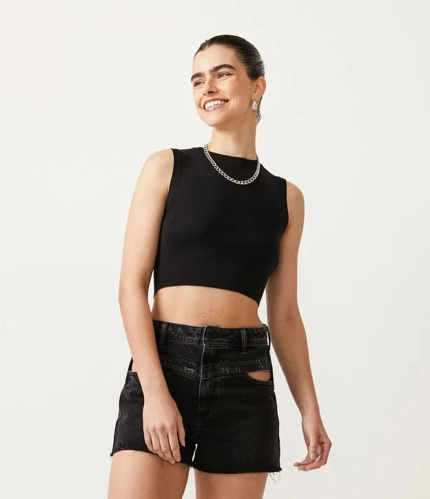 Blusa Regata Cropped em Viscose Canelada Preto | Renner (BR)