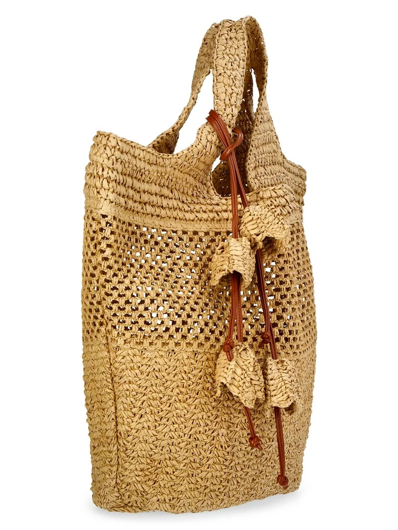 Time and Tru Women's Straw Tulip Tote Bag, Natural | Walmart (US)