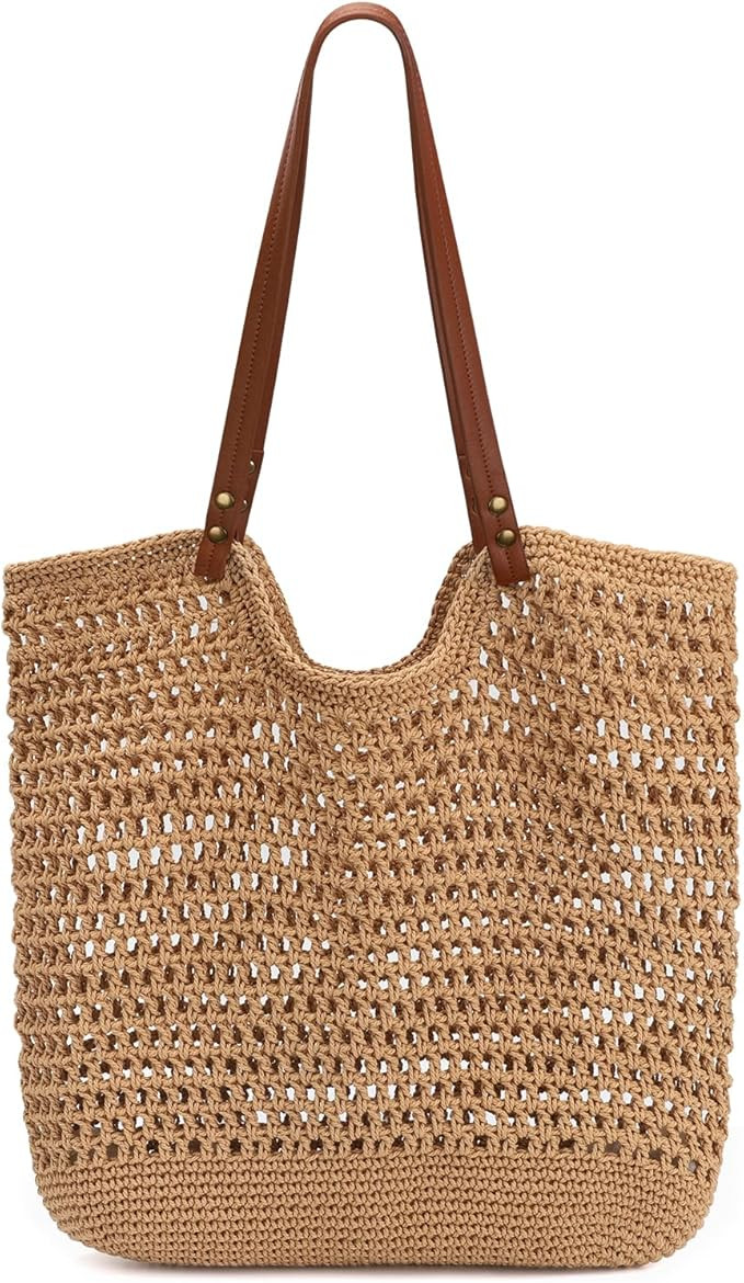 Straw Tote Bag, Large Woven Beach Bag - Summer Beach Hobo Handbag Leather Handle for Women Travel... | Amazon (US)