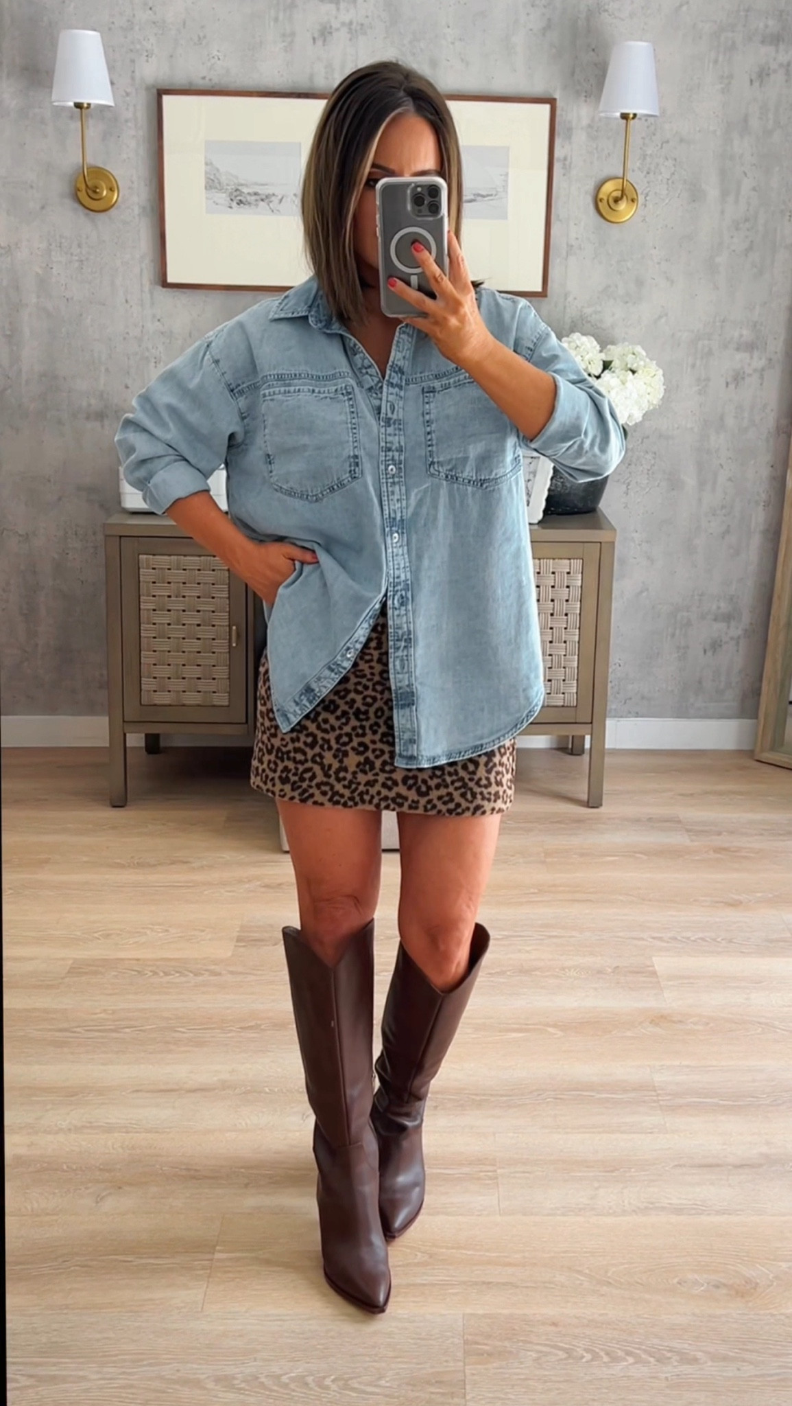 Leopard skirt outfit 
Top: in a xs - color not online yet, linked similar
Skirt: in a 0 petite true to size. Has a textured material 
Boots: true to size

Fall outfit | leopard skirt | shacket 

#LTKSeasonal #LTKFindsUnder50 #LTKStyleTip