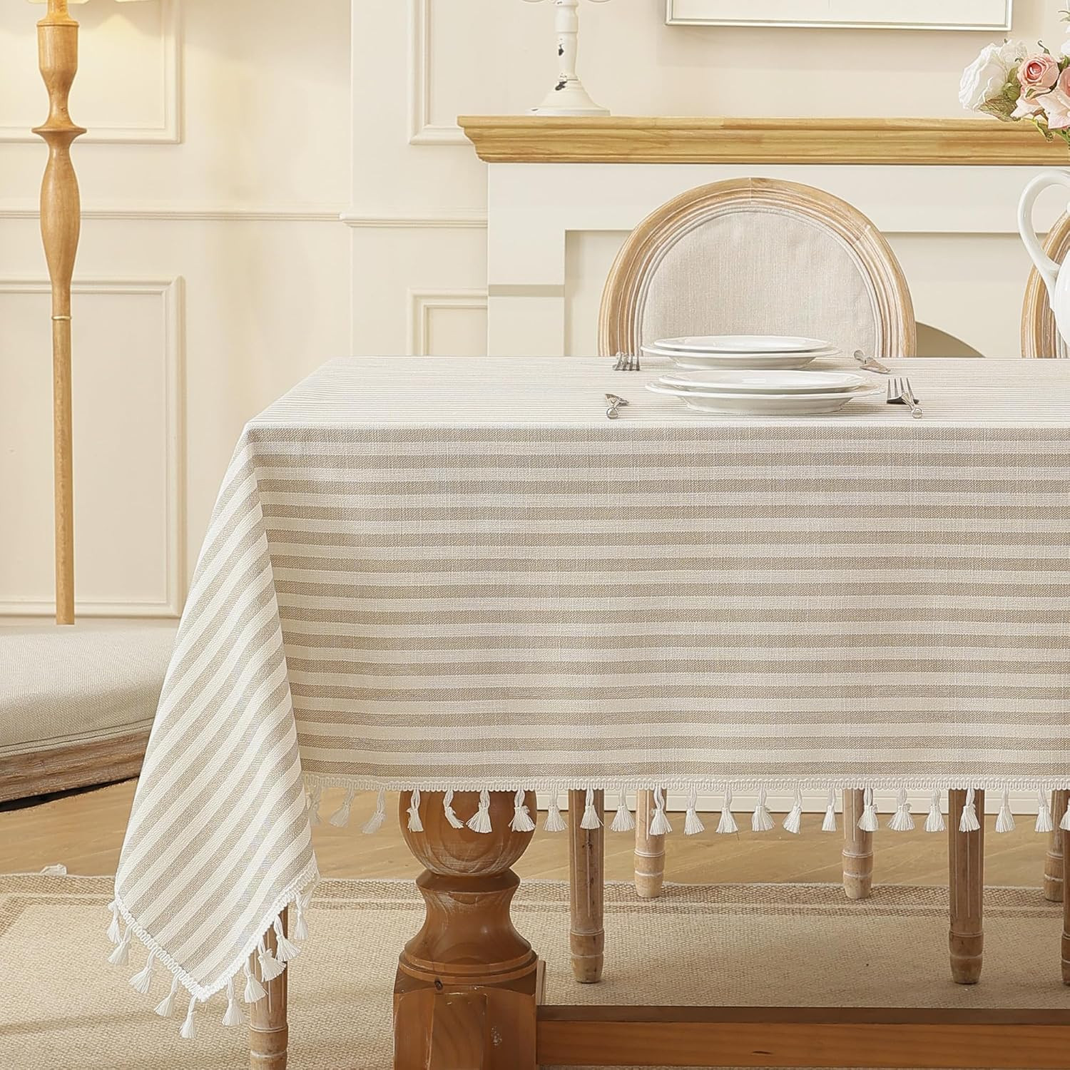 Mantel rectangular a rayas estilo lino 55 x 75 pulgadas | Amazon (US)