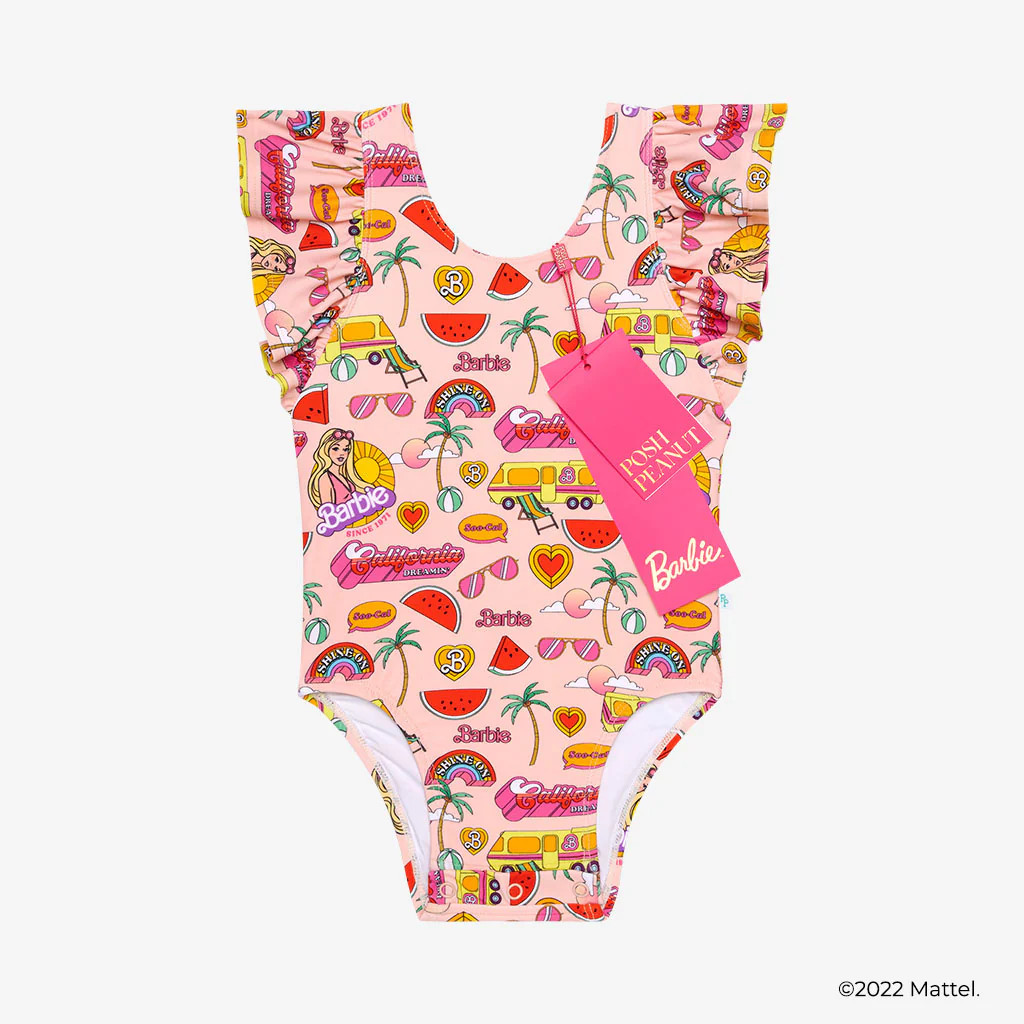 Pink Ruffled Cap Sleeve Swimsuit | Barbie™ x Posh Peanut® | Posh Peanut