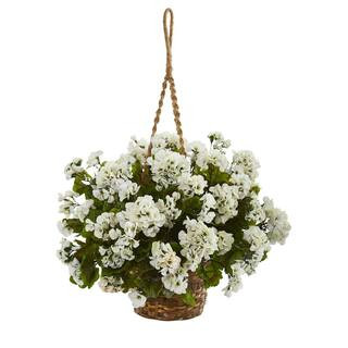Nearly Natural Indoor/Outdoor UV Resistant White Geranium Hanging Basket Artificial Plant 6421-WH... | The Home Depot