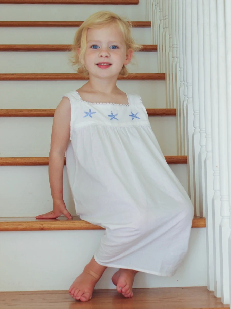 Starfish (Girls) White Cotton Dress, Embroidered | Jacaranda Living