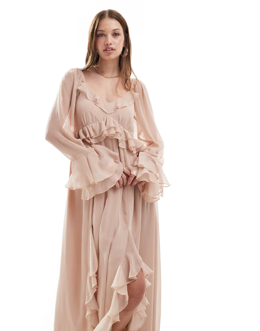 Miss Selfridge chiffon ruffle maxi dress in pink-White | ASOS (Global)