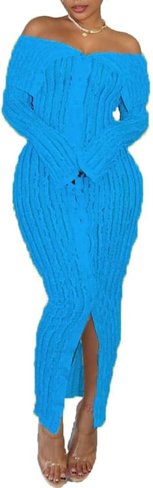 Aro Lora Womens Sexy Off Shoulder See Through Pleated Button Down Slit Bodycon Maxi Dress | Amazon (US)