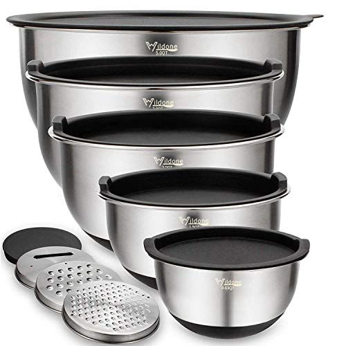 Mixing Bowls Set of 5, Wildone Stainless Steel Nesting Bowls with Airtight Lids, 3 Grater Attachment | Amazon (US)