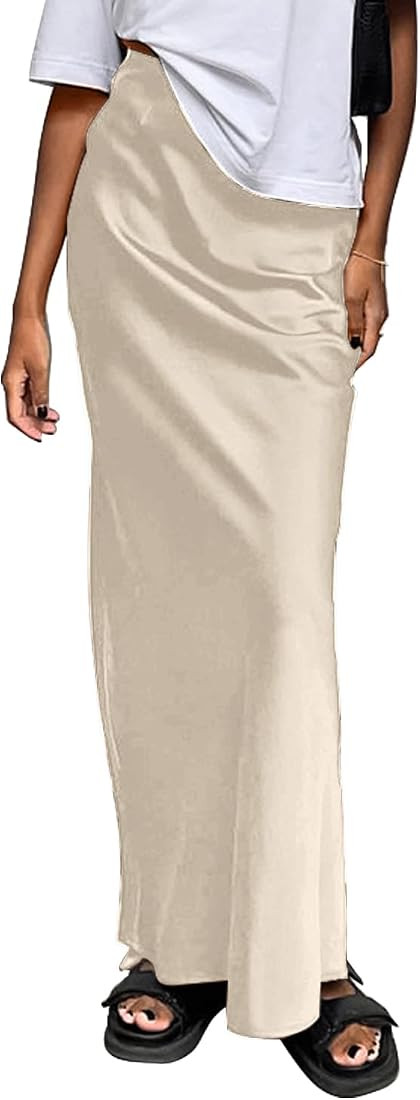 Women's Satin Silky High Waist Maxi Skirt Elegant Elastic Waistband A Line Long Skirts | Amazon (US)